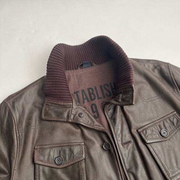 Gap men’s brown genuine leather bomber jacket with ribbed collar / L - Picture 3 of 11
